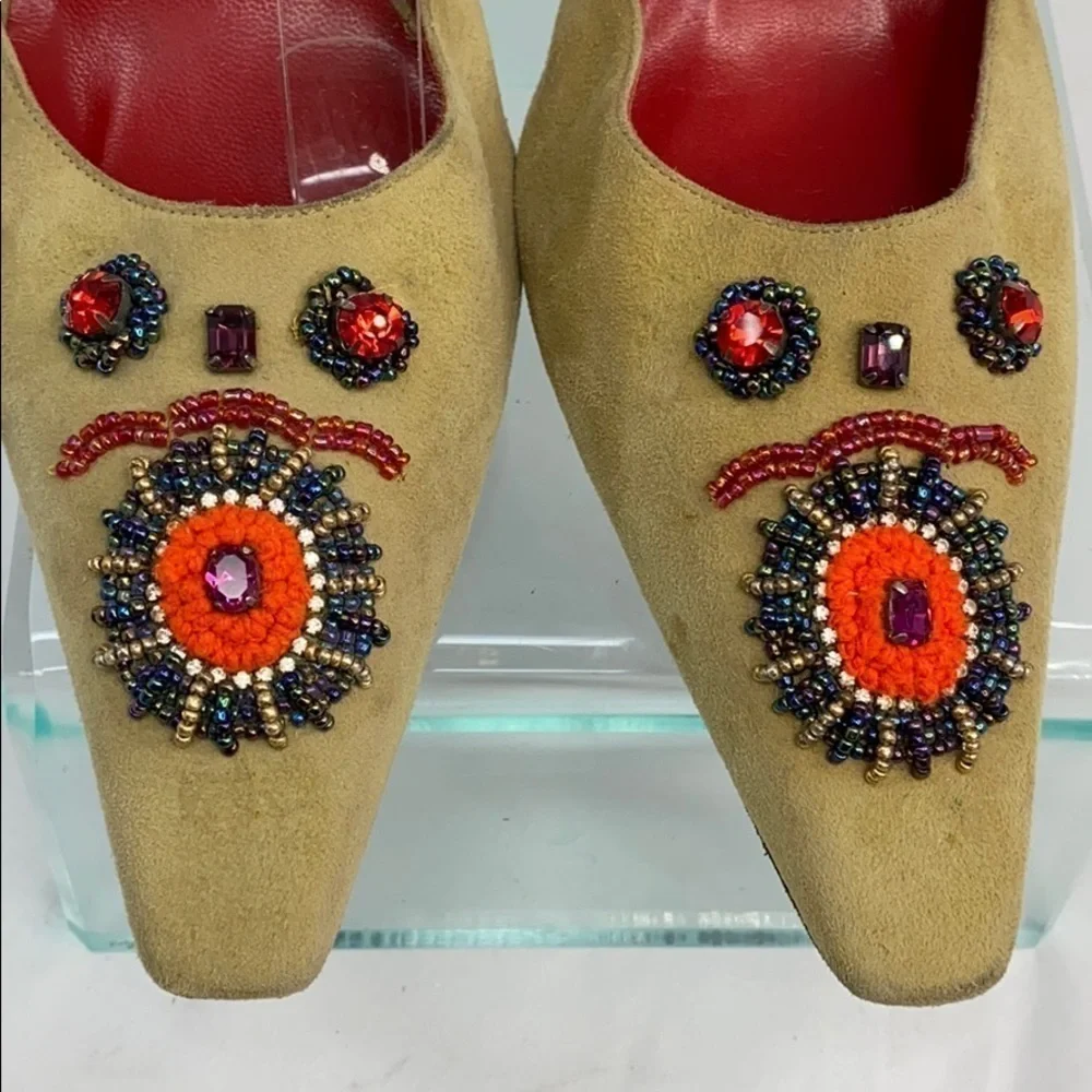 Fendi Sz 9.5M Beige Suede Beaded Ankle Strap Heels